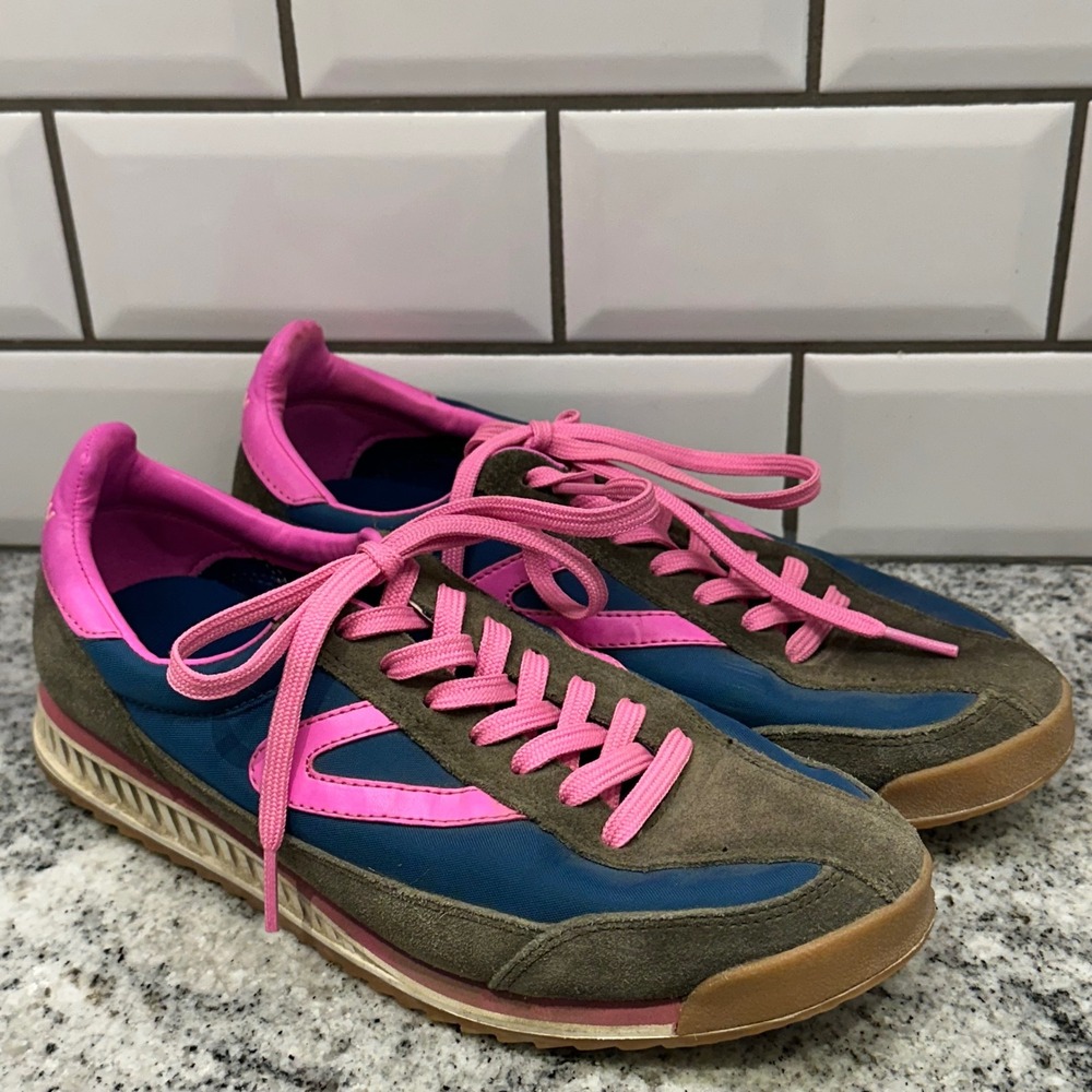 Tretorn Womens 7.5 Rawlins 2 Sneakers Navy Olive Pink Retro Suede Sporty Runner